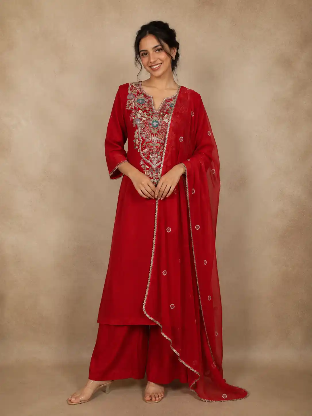 Red Floral Embroidered Cotton Salwar Suit with Dupatta